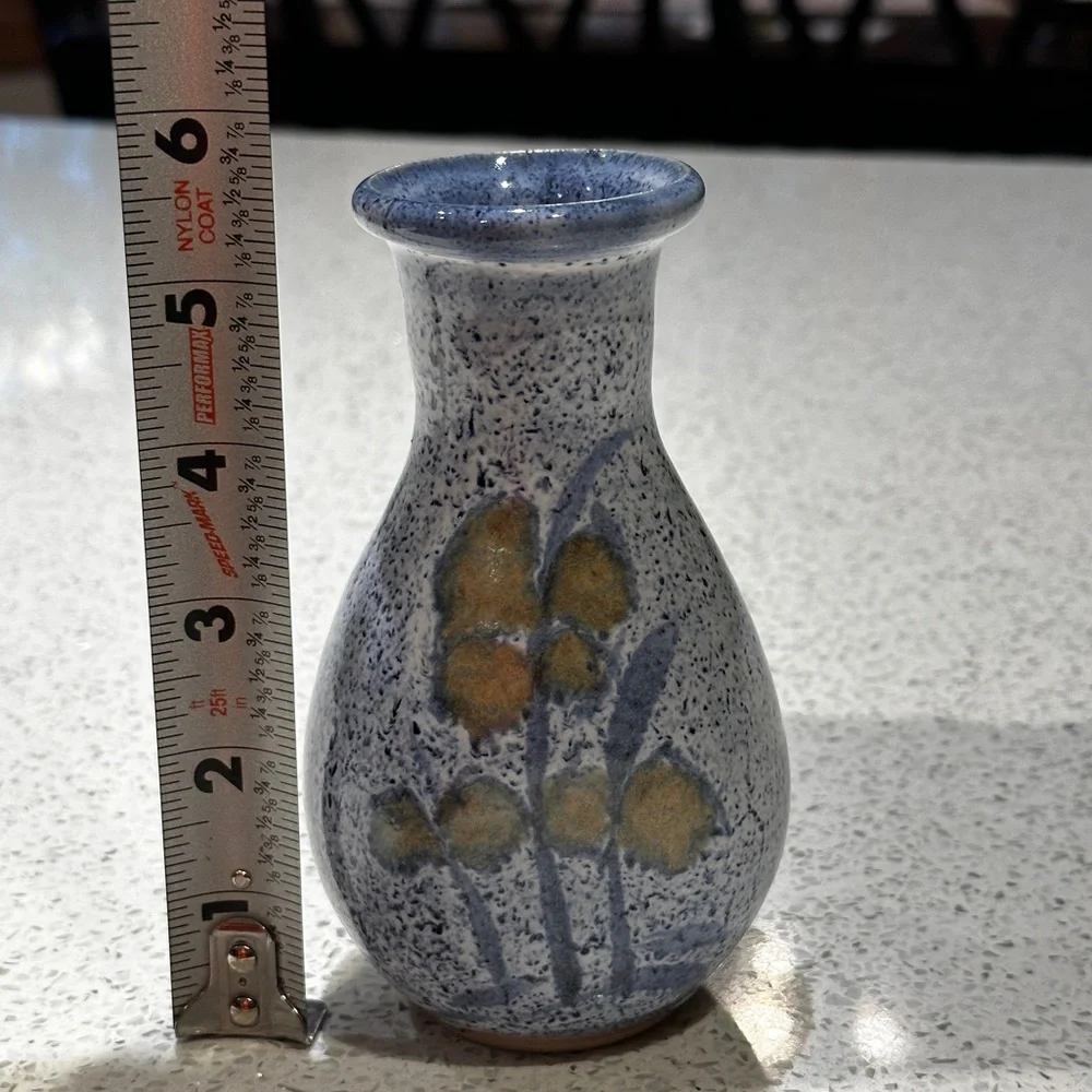 Vintage Blue Speckled Studio Pottery Vase with Floral Detail - Picture 7 of 7